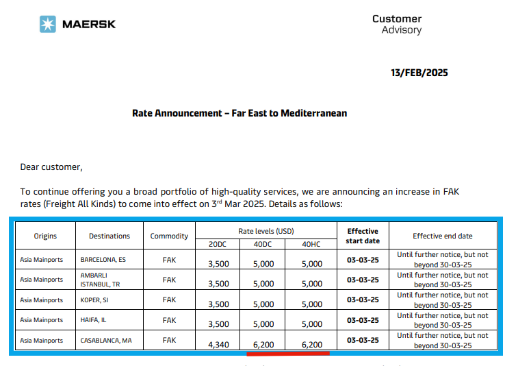 Rate Announcement - Far East to Mediterranean