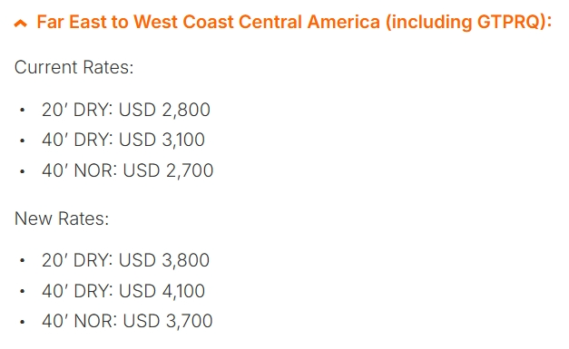 Far East to West Coast Central America (including GTPRQ) Far East to West Coast Central America (including GTPRQ)