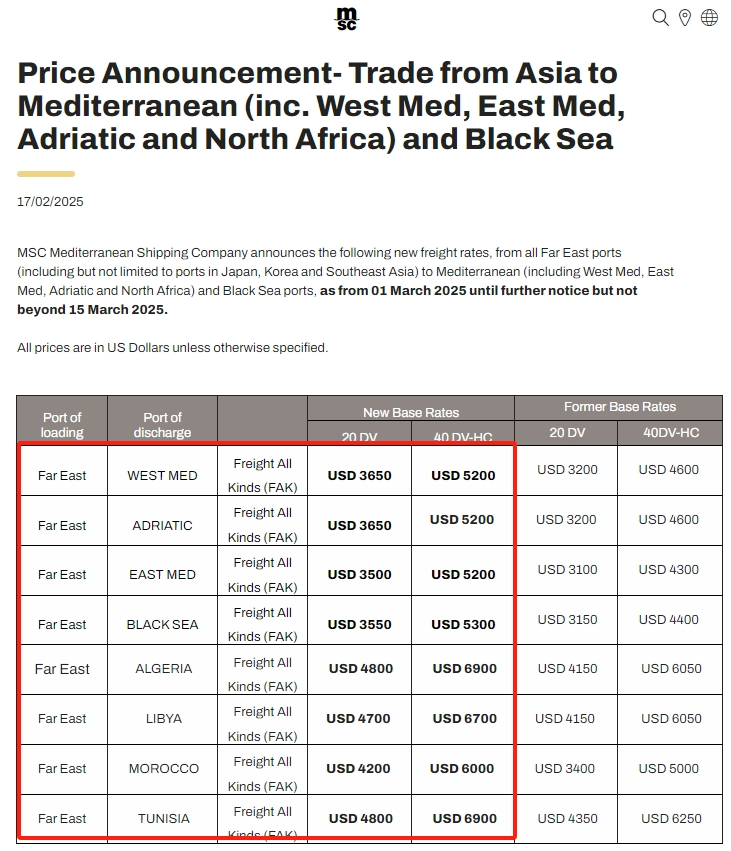 Price Announcement-Trade from Asia to Mediterranean