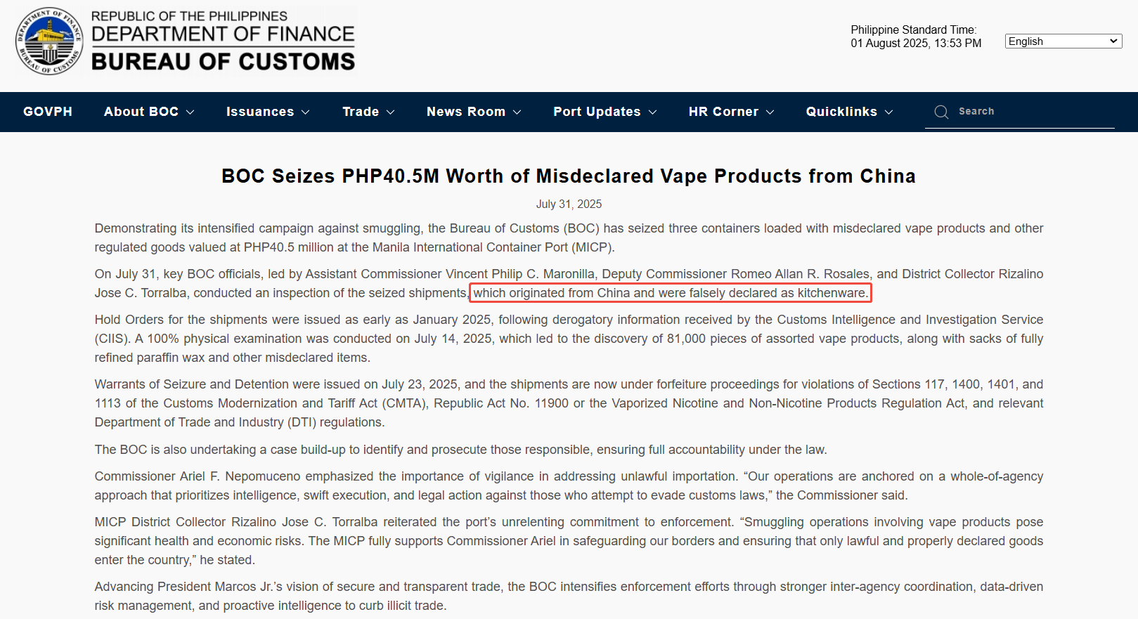 Misdeclared Vape Products from China Misdeclared Vape Products from China