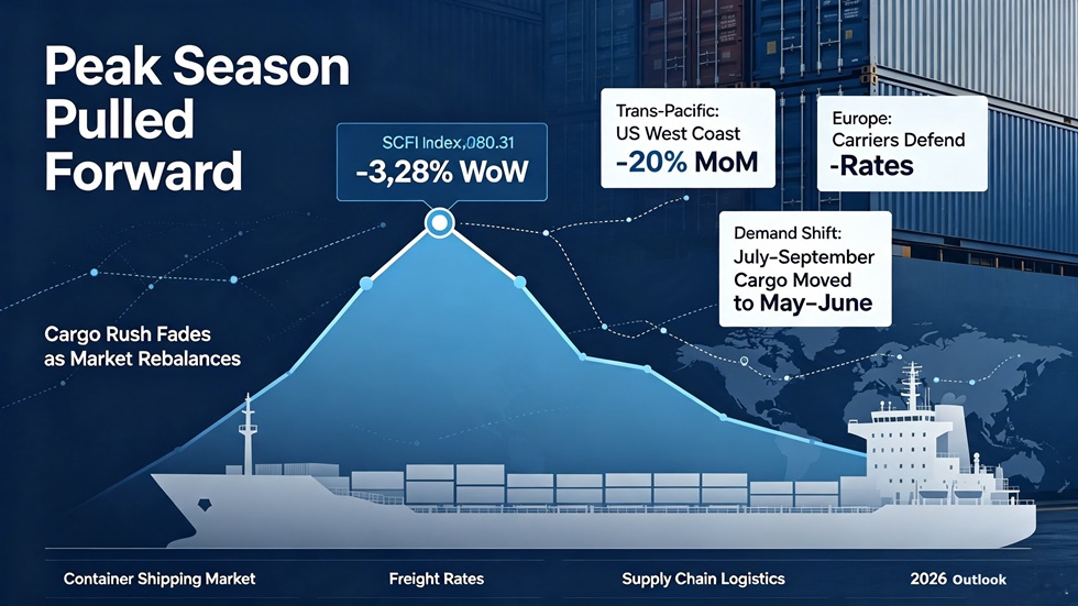 Peak Season Pulled Forward, Cargo Rush Fades Global container shipping market trend analysis, peak season freight rate changes and SCFI index latest data