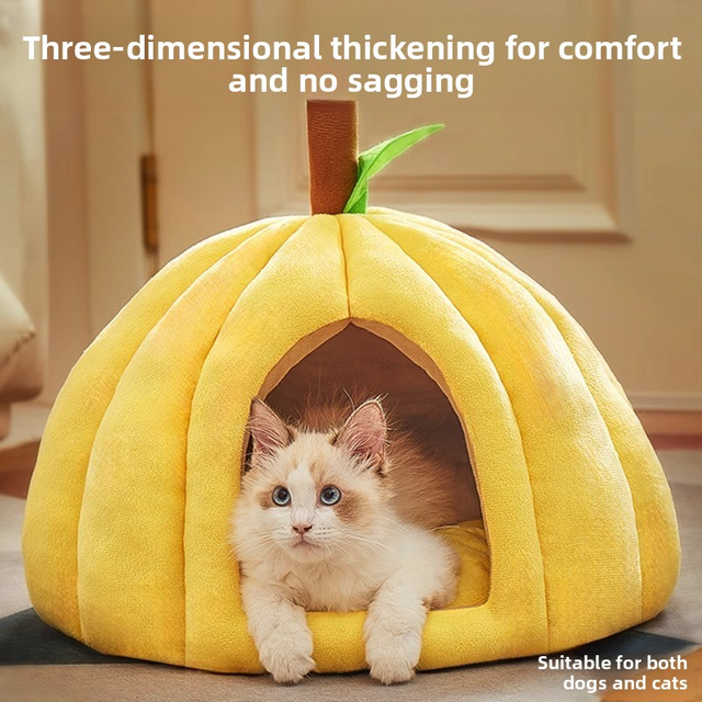 All-Season Thickened Pumpkin Pet Bed - Enclosed Security Hideaway for Cats Dogs
