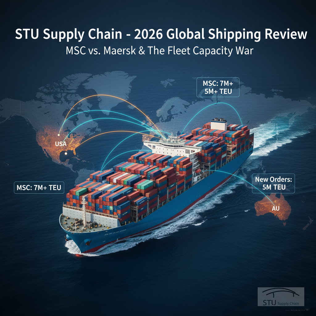 2026 Global Container Liner Capacity Review featuring MSC and Maersk fleet rankings, shipping orderbook data, and STU Supply Chain global logistics network.