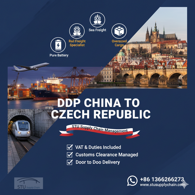 STU Supply Chain professional DDP shipping from China to Czech Republic for oversized and overweight cargo up to 8 meters and 8 tons. Customs clearance, Duty and VAT included for delivery to Prague and Brno.