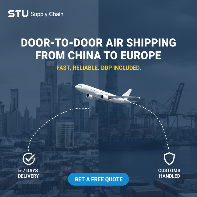 Door to door air shipping service from China to Europe featuring 5-7 days delivery, customs clearance handled, and DDP logistics solutions by STU Supply Chain
