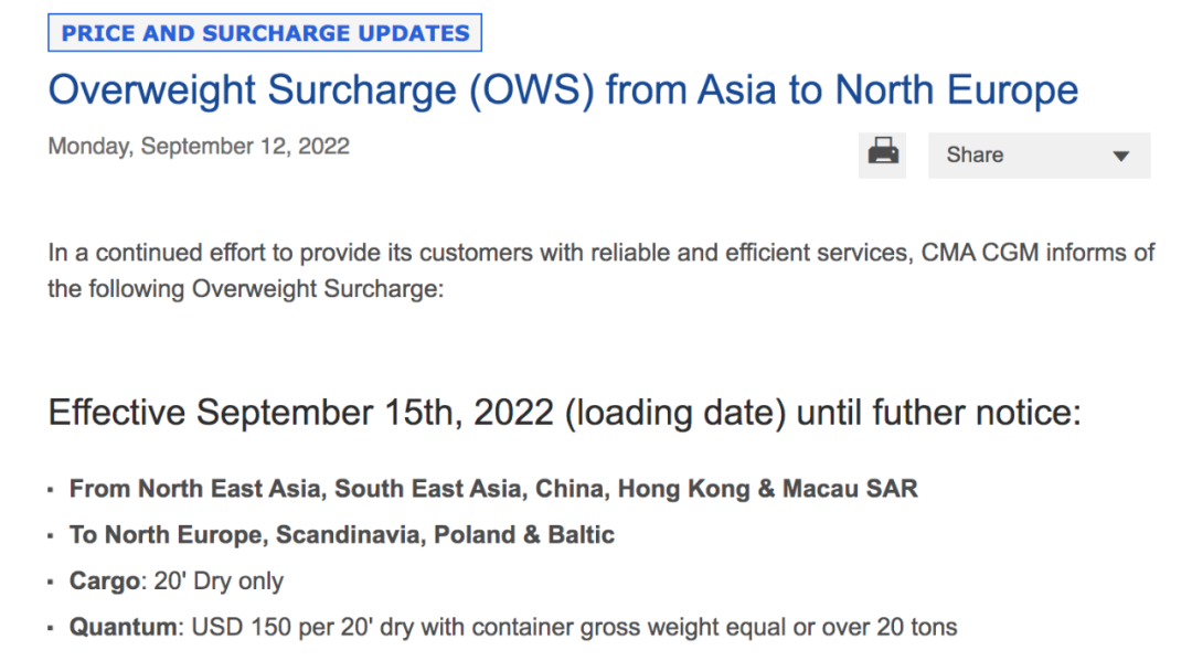 CMA CGM Updated Overweight Surcharge (OWS) from Asia to EU