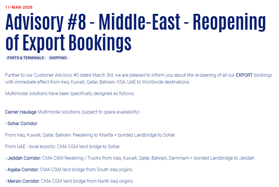 Middle-East -Reopeningof Export Bookings