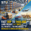 STU DDP shipping from China to Thailand featuring land freight trucks, sea cargo, and a warehouse consolidated goods