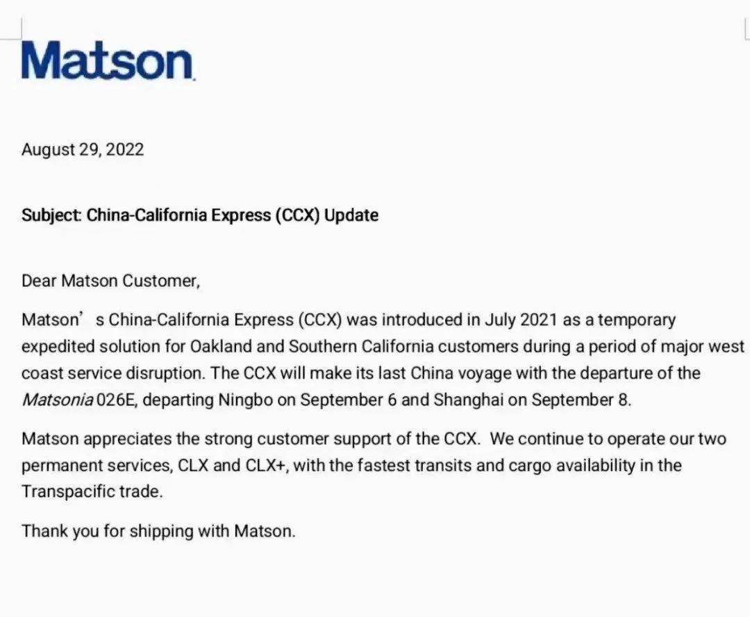 Matson to Discontinue CCX Service