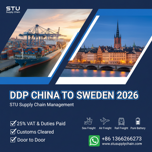 STU Supply Chain DDP logistics from China to Sweden. Professional sea, air, and rail freight including customs clearance and 25% VAT paid for Stockholm and Gothenburg