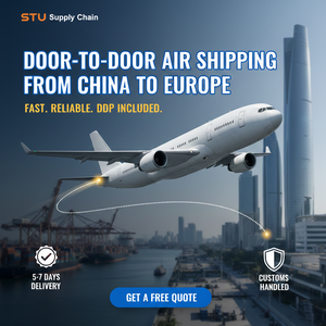 Door to door air shipping service from China to Europe featuring 5-7 days delivery, customs clearance handled, and DDP logistics solutions by STU Supply Chain