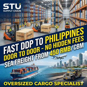 STU Supply Chain oversized cargo shipping from China to Philippines with 450 RMB per CBM rates and Manila skyline background
