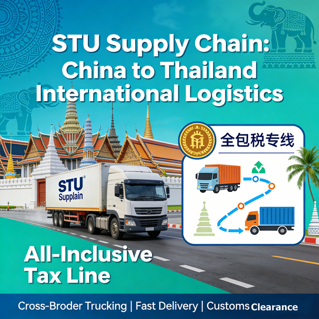 STU DDP shipping from China to Thailand featuring land freight trucks, sea cargo, and a warehouse consolidated goods