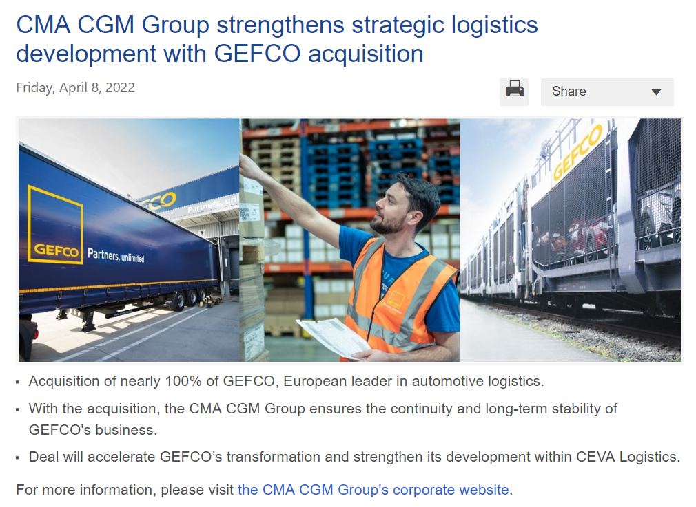 CMA CGM Acquires Gefco to Strengthens Logistics Presence