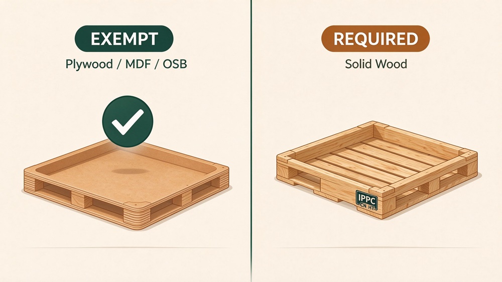Plywood MDF OSB pallets exempt vs solid wood pallets requiring ISPM 15 treatment