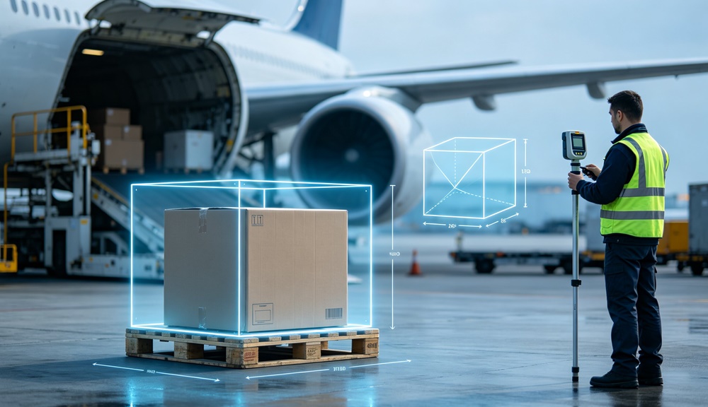 Air freight chargeable weight calculation scene, showing a cargo pallet with dimensional volume frames being measured before loading onto a freighter.