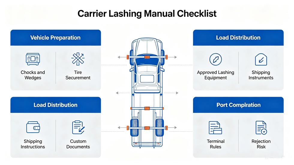 Carrier lashing manual checklist infographic for vehicle shipment preparation, including vehicle securement, lashing points, documentation and terminal rules.