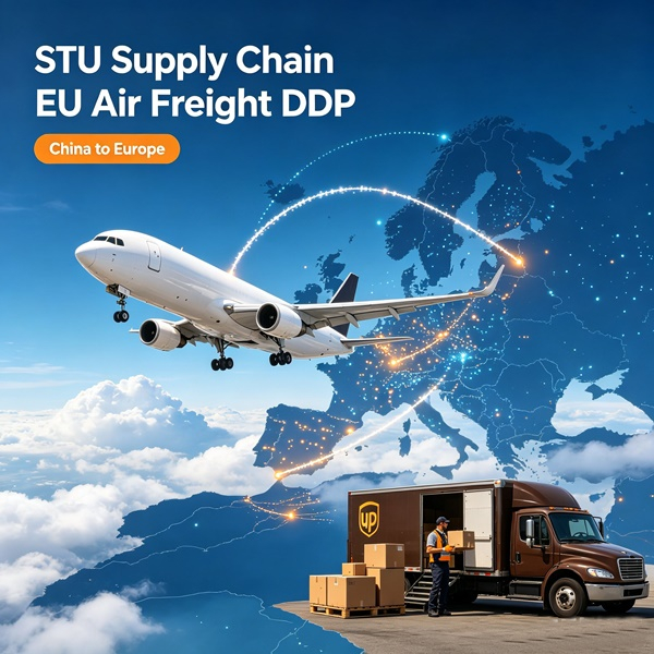 Europe air freight shipping from China, UPS delivery vehicle and cargo handling at airport