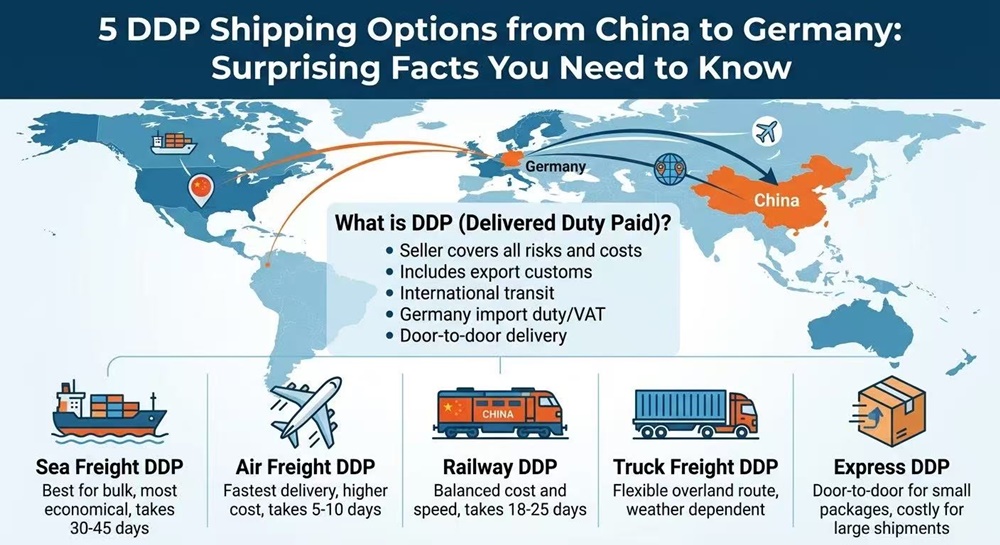 Compare 5 DDP shipping options from China to Germany, including sea freight, air freight, trucking and express delivery