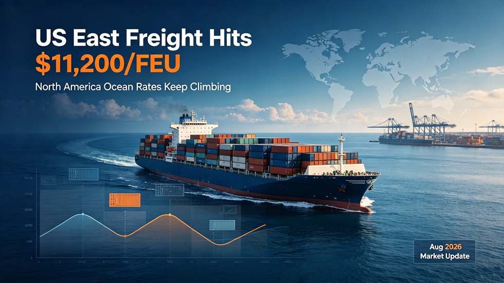 US East & West ocean freight rates surge to $11200 FEU, North America container shipping market analysis 2026