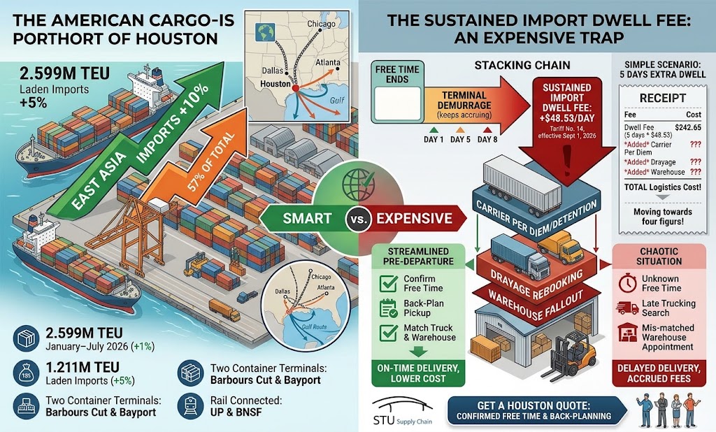 Infographic illustrating Port Houston import growth, container terminals Barbours Cut and Bayport, and the stacking cost chain including the $48.53 daily Sustained Import Dwell Fee.
