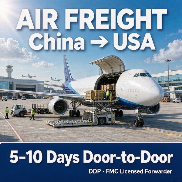 Air freight from China to USA — cargo plane being loaded with pallets at a Chinese airport; 5–10 days door-to-door DDP service by FMC-licensed forwarder STU Supply Chain