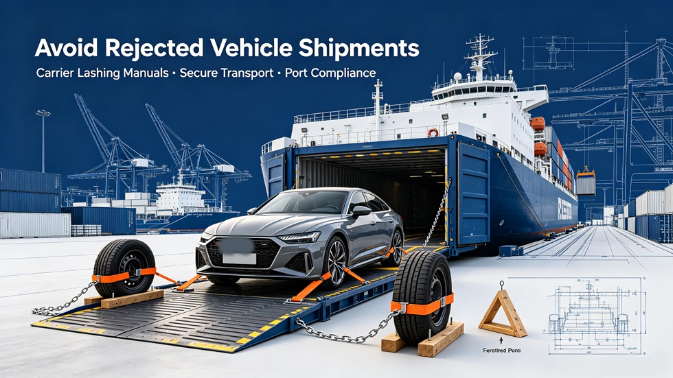 Square blog cover image for a vehicle shipment logistics guide, showing a car on a ro-ro vessel deck, lashing straps, wheel chocks, securement points, shipping documents and port container terminal, illustrating how to avoid rejected vehicle shipments with proper carrier lashing manuals and terminal compliance.