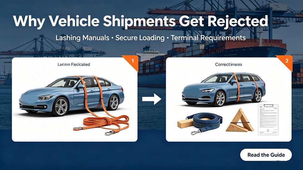 Visual guide explaining why vehicle shipments get rejected, comparing incorrect lashing with proper secure loading for ocean freight and terminal compliance.