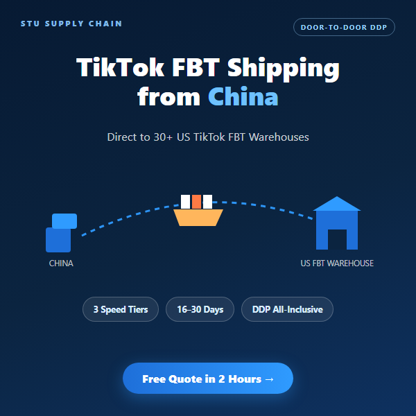 Affordable TikTok FBT shipping from China with economy sea freight, door-to-door service, 25–30 day transit, and warehouse code coverage.
