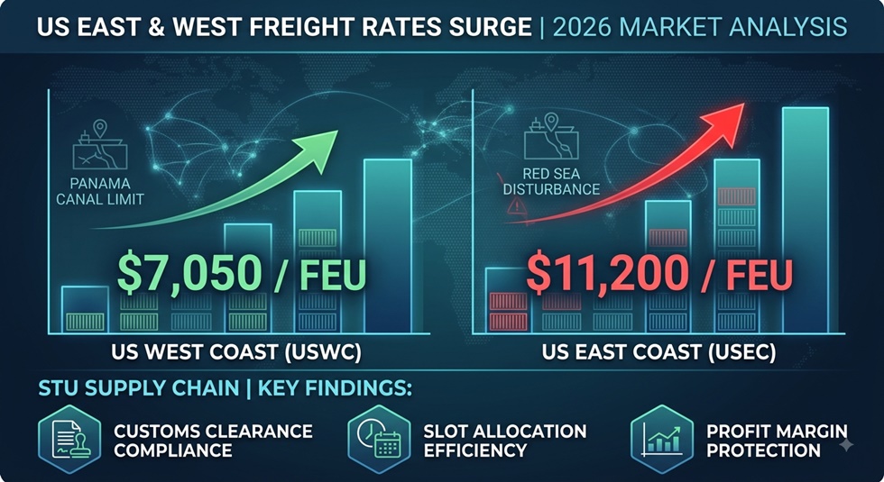 SCFI index chart showing rising USWC USEC ocean freight rates, Panama Canal Red Sea supply chain impact