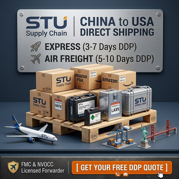 cargo pallets with Amazon FBA labels for DDP express and air freight shipping from China to USA | STU