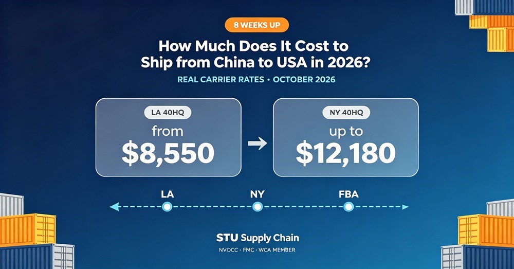 China to USA shipping cost 2026 infographic: LA 40HQ from $8,550, NY 40HQ up to $12,180 after 8 weeks of rising ocean freight rates - STU Supply Chain