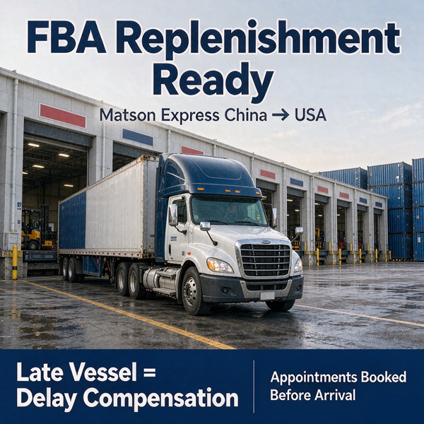 Container truck at a US fulfillment center loading dock — Matson Express FBA replenishment from China with delivery appointments booked before vessel arrival and delay compensation for late vessels