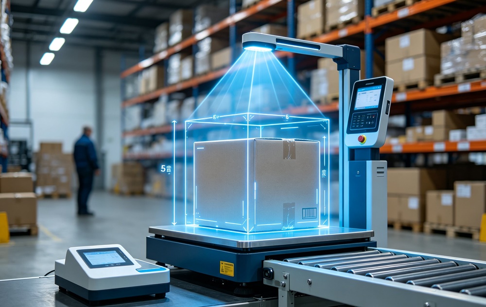 Air freight volumetric weight calculation concept, showing a cargo box being measured on a warehouse scale with dimensional scanning frames.