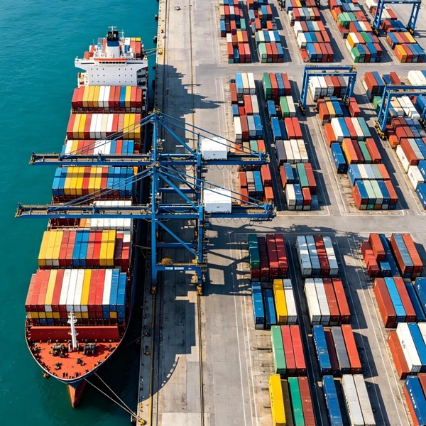 Aerial view of container port with cargo ship — US East Coast freight rates break $10000 FEU, SCFI hits 25-month high 2026