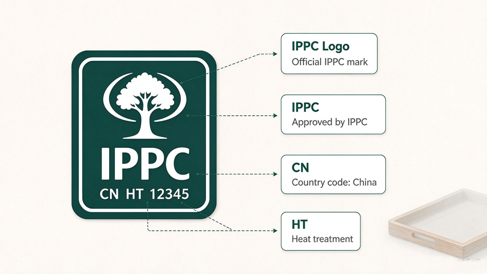 IPPC stamp explained: logo, CN country code, HT heat treatment code on wooden pallet