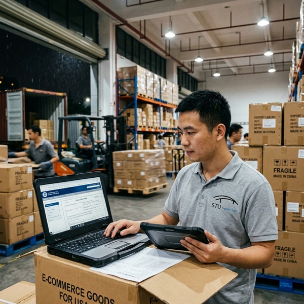 A focused STU Supply Chain manager in a warehouse verifying advanced logistics data on a rugged laptop displaying the US Customs CBP website. An open cardboard box marked 'E-COMMERCE GOODS FOR USA' and stacks of 'MADE IN CHINA' cartons surround him, demonstrating compliant Type 01 entry procedures from China to the US.