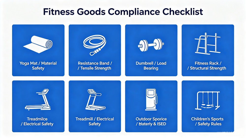 Fitness sports products compliance checklist for Canada import, yoga mat, resistance band, dumbbell, treadmill and safety requirements