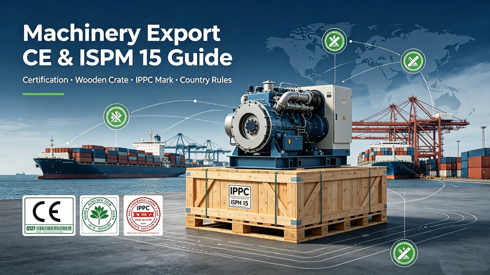Machinery export guide cover explaining CE certification and ISPM‑15 wooden packaging rules