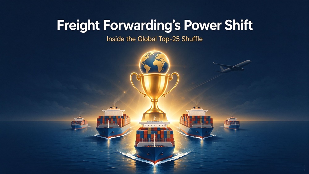 Global freight forwarding industry power shift, container ships racing toward a golden trophy representing the top forwarder ranking