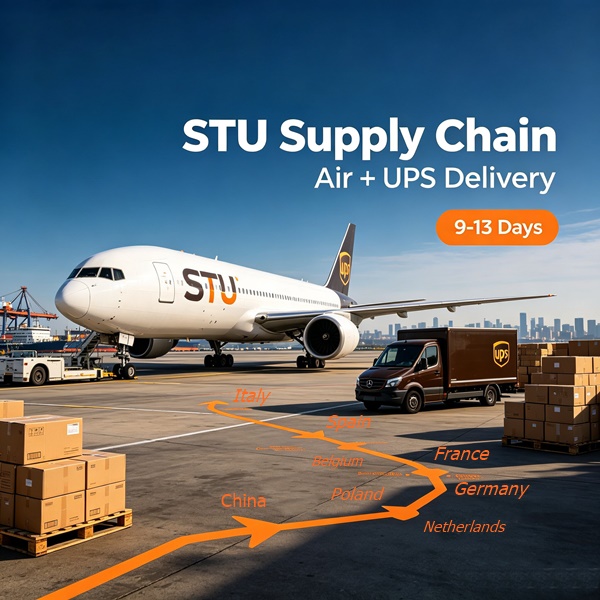 Europe air freight shipping from China, UPS delivery vehicle and cargo handling at airport