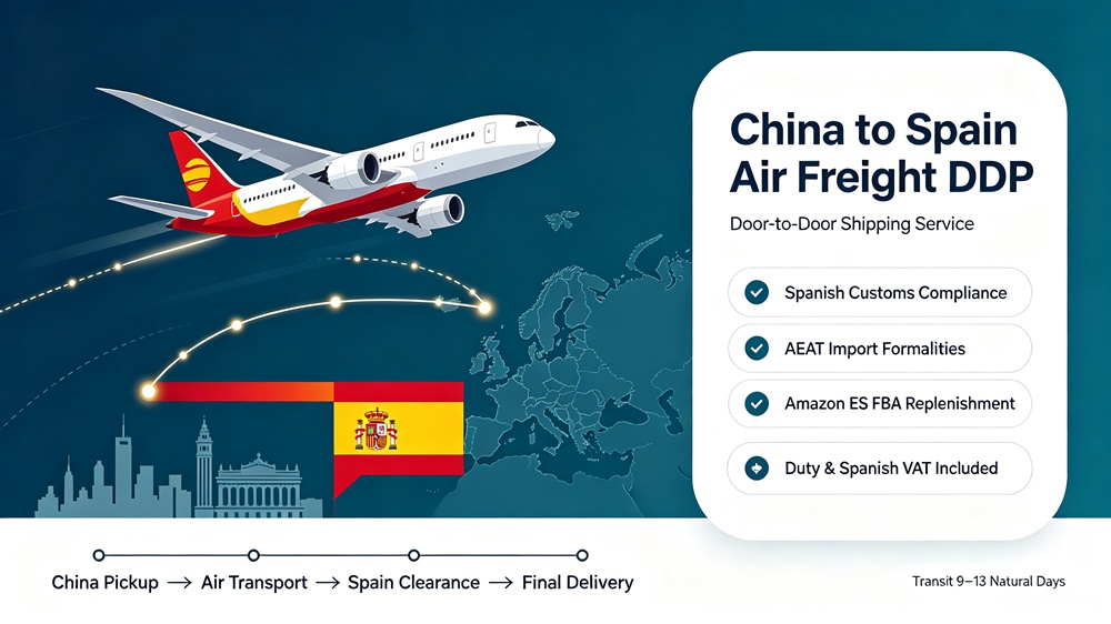 China to Spain Air Freight DDP door to door shipping service by STU Supply Chain, air freight dual clearance with Spanish VAT and AEAT customs compliance for Amazon Spain FBA and commercial cargo