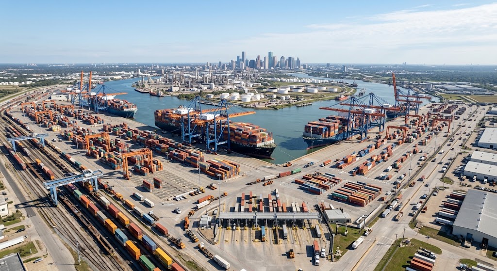 Aerial photography of Port Houston showing container ships docked, cranes at work, yard stacks, and the surrounding industrial channel.
