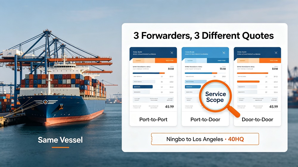 Three different ocean freight quotation sheets side by side on a desk, comparing Ningbo to Los Angeles 40HQ container rates.