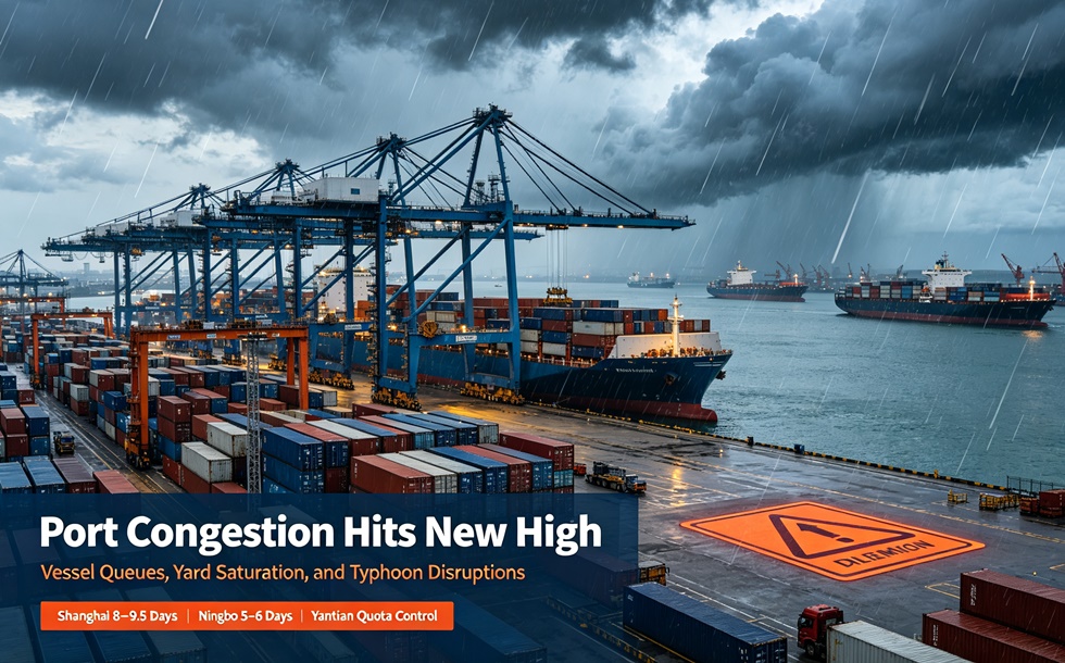 Global port congestion, 4.3 million TEU waiting at anchor, East Asia port congestion, Shanghai port delay, Ningbo-Zhoushan port, Shenzhen Yantian port, typhoon disruption, container ship queue, shipping schedule delay