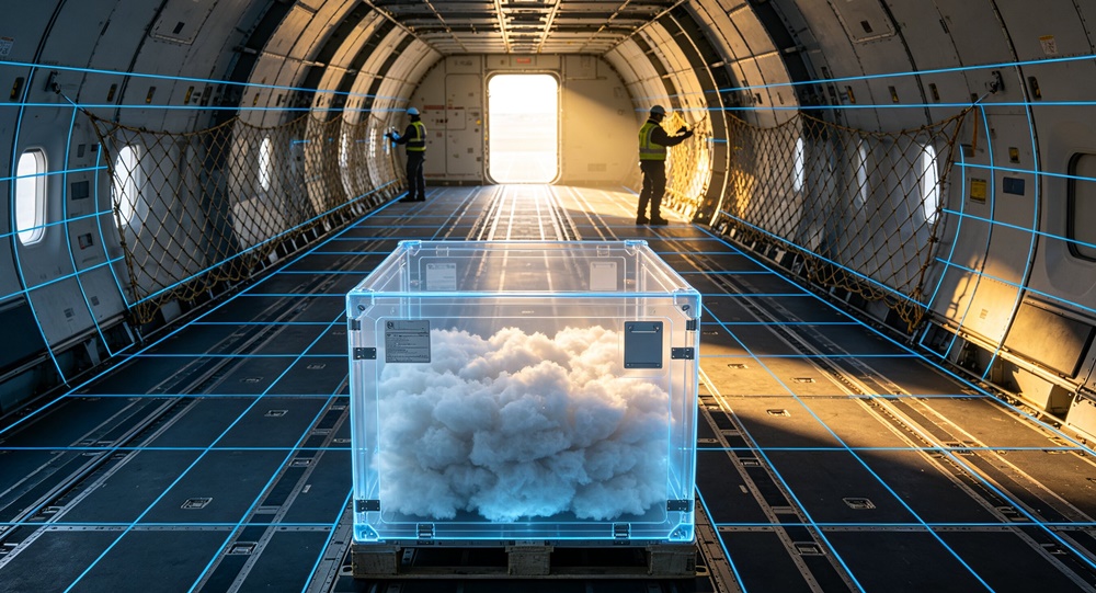 Conceptual view of lightweight bulky cargo occupying aircraft hold space, explaining why air freight charges by volume as well as weight.